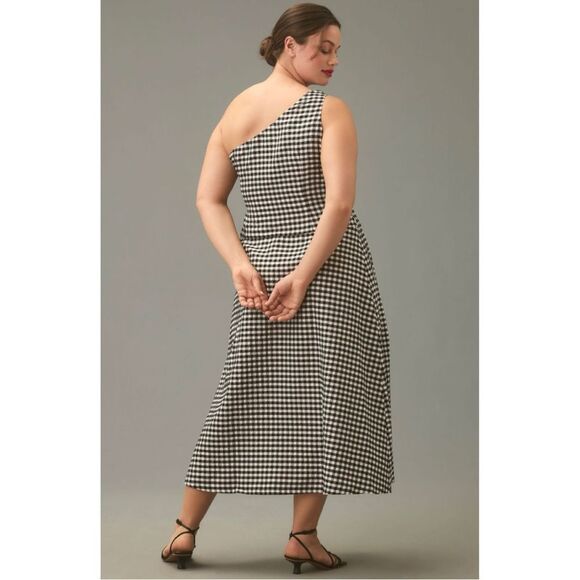 NEW By Anthropologie Black & White One-Shoulder Drop Waist Gingham Dress Small - Picture 6 of 7